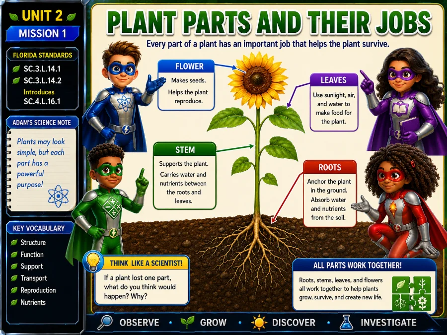 Plant Parts and Their Jobs — Unit 2 Mission 1 lesson slide